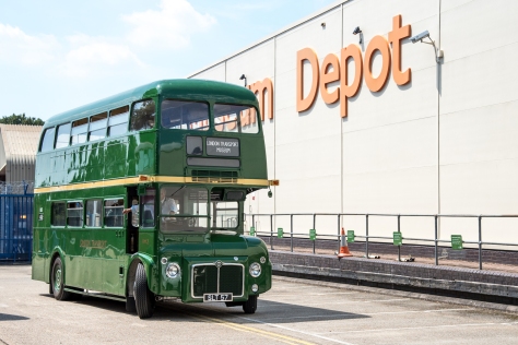 Green Routemaster bus outside Museum Depot